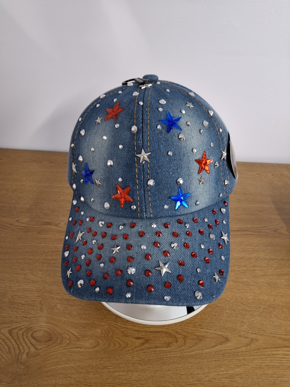 Handcrafted Women's Denim Baseball Cap with Red & Blue Star Rhinestone Studs